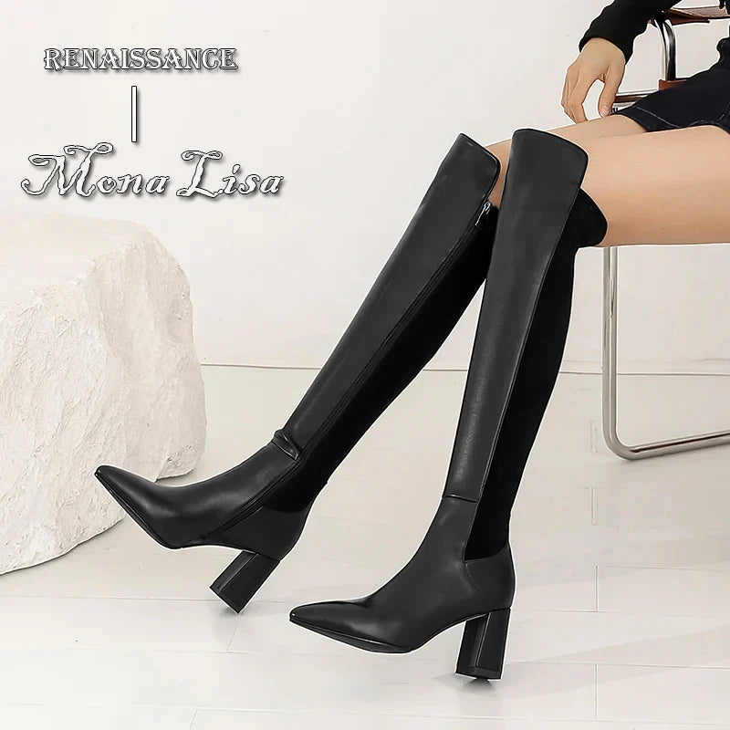 Vintage Female Over The Knee High Boots 2023 Fall Winter Newest Working Party Classic Basic Cow Leather Women's Shoes
