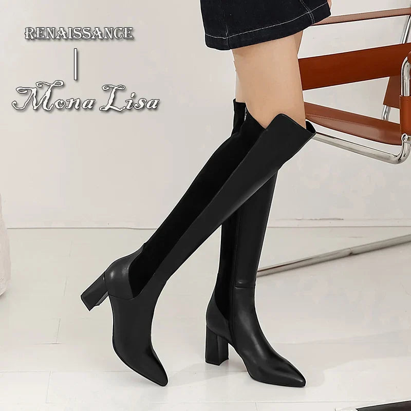 Vintage Female Over The Knee High Boots 2023 Fall Winter Newest Working Party Classic Basic Cow Leather Women's Shoes