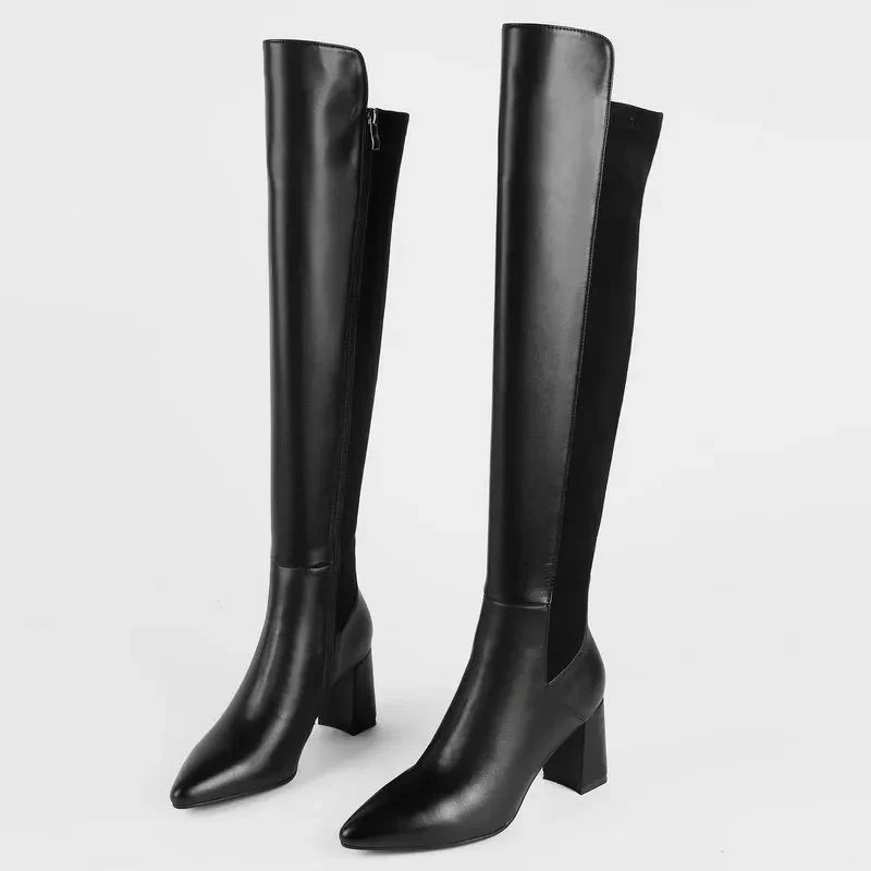 Vintage Female Over The Knee High Boots 2023 Fall Winter Newest Working Party Classic Basic Cow Leather Women's Shoes