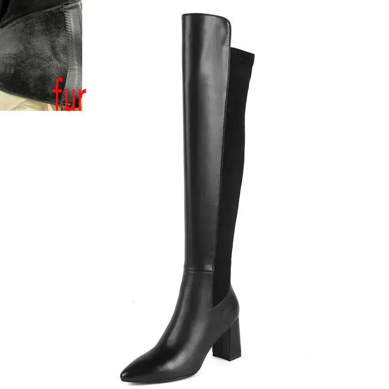Vintage Female Over The Knee High Boots 2023 Fall Winter Newest Working Party Classic Basic Cow Leather Women's Shoes