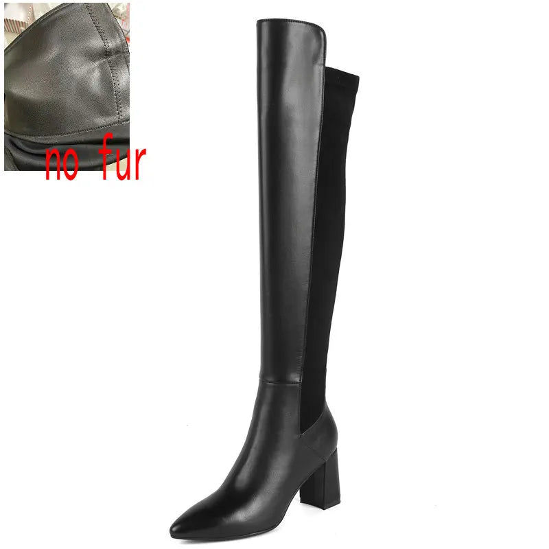 Vintage Female Over The Knee High Boots 2023 Fall Winter Newest Working Party Classic Basic Cow Leather Women's Shoes