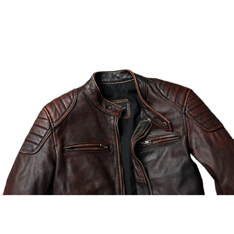 Vintage Red Brown Men Leather Jacket 100% Cowhide