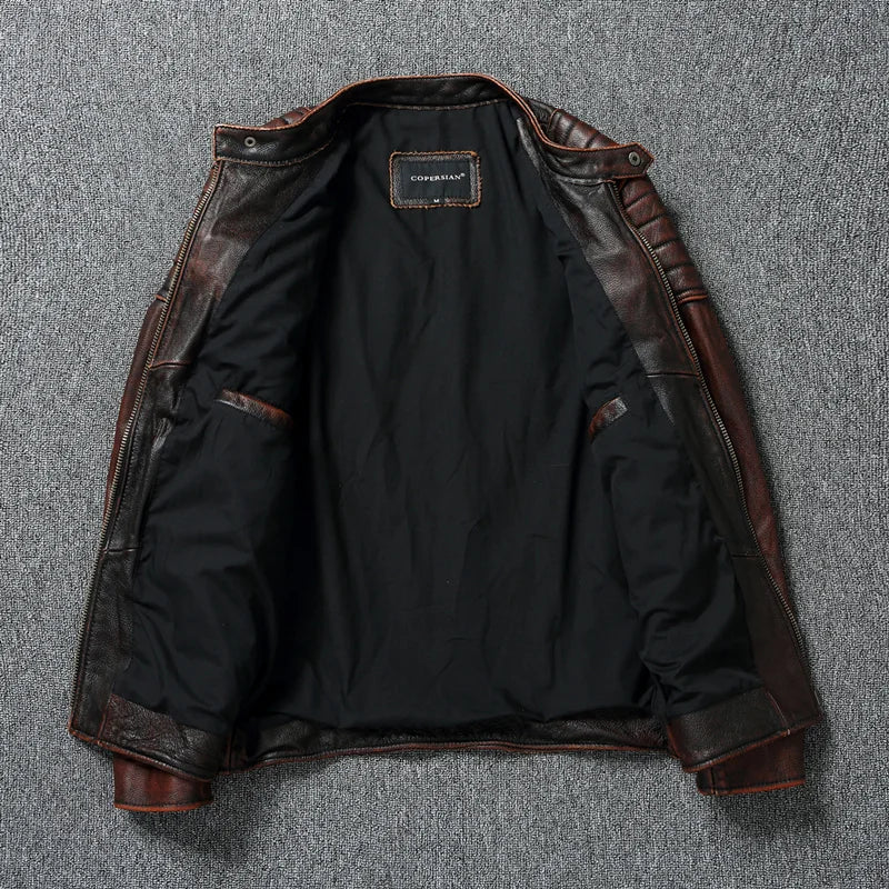 Vintage Red Brown Men Leather Jacket 100% Cowhide