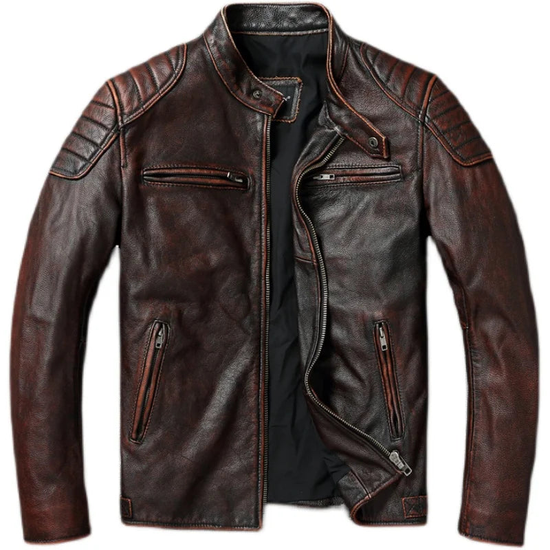 Vintage Red Brown Men Leather Jacket 100% Cowhide