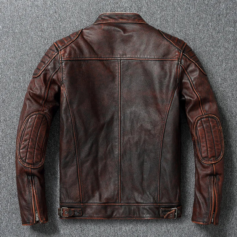 Vintage Red Brown Men Leather Jacket 100% Cowhide