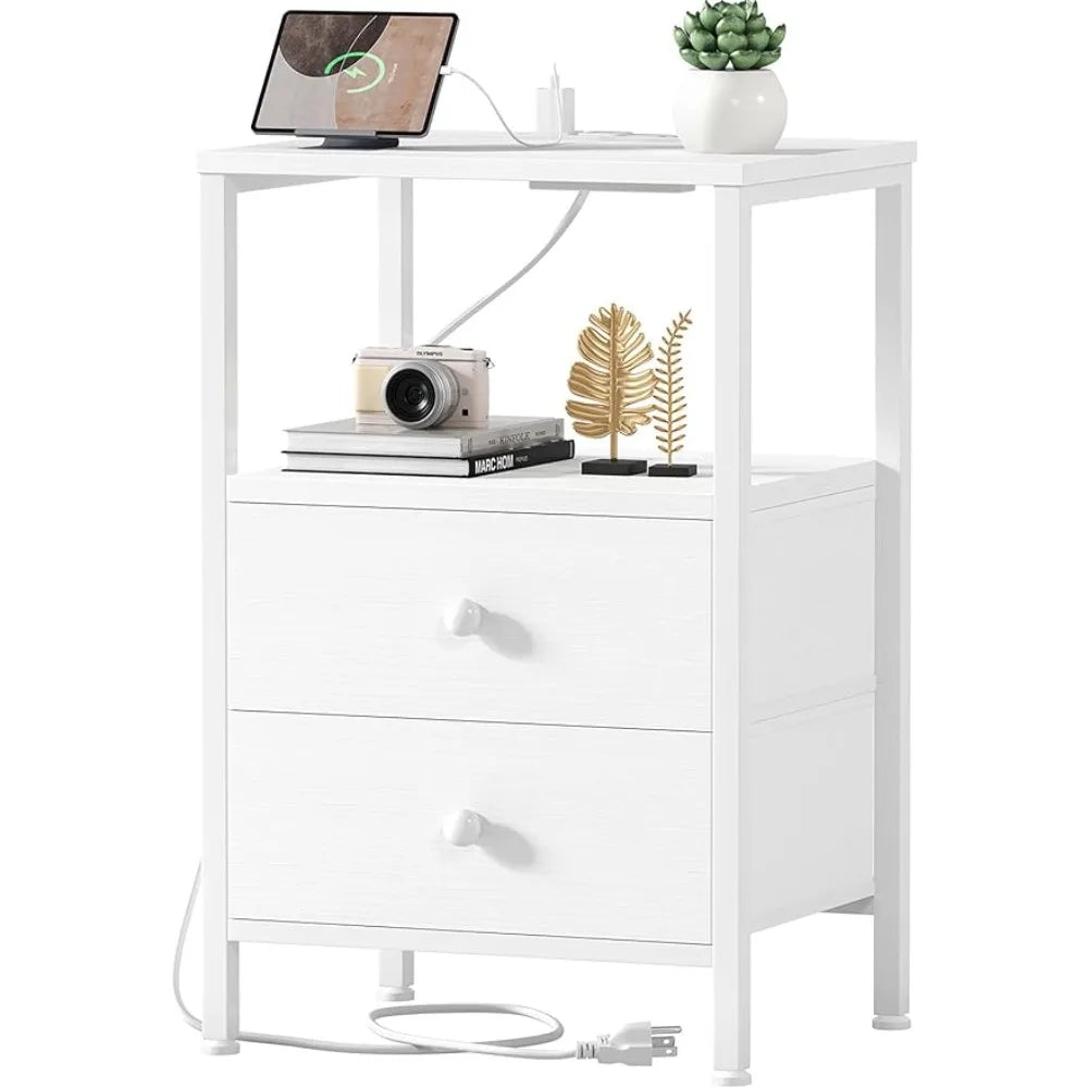 White Night Stand with Charging Station and USB