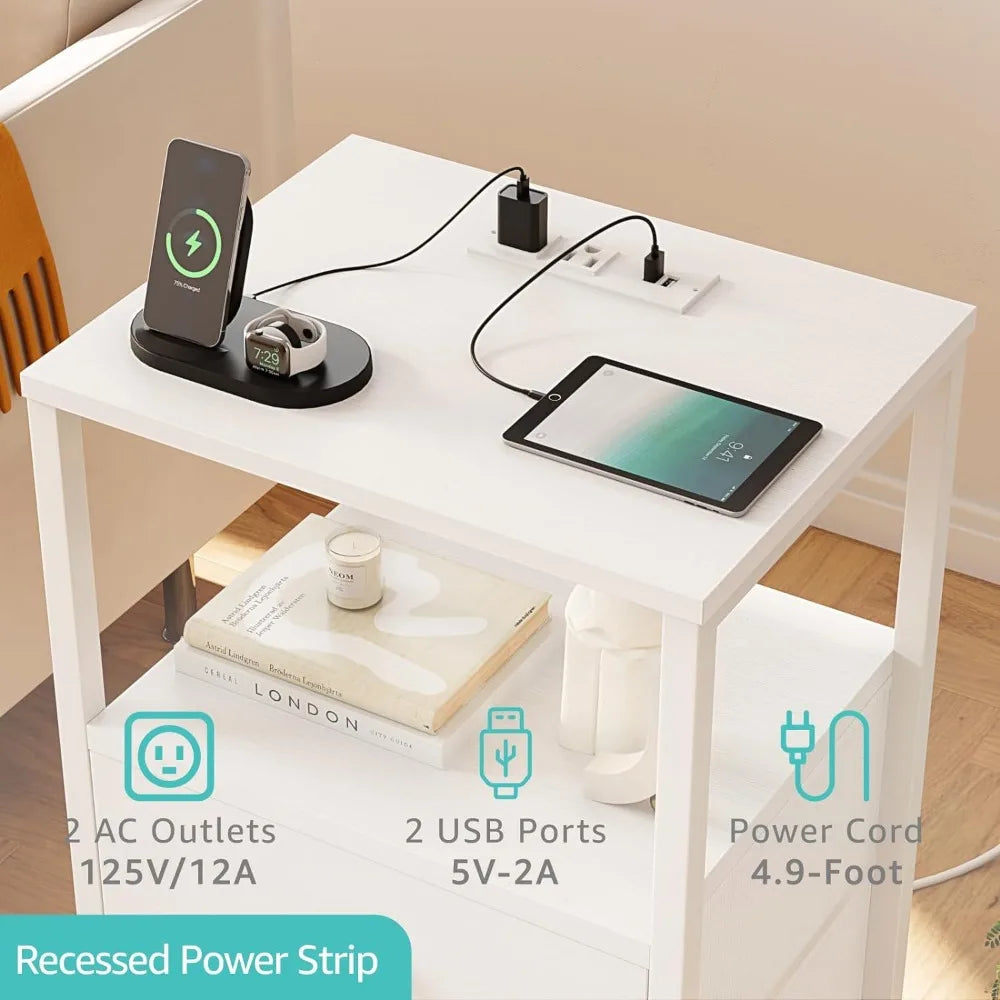 White Night Stand with Charging Station and USB