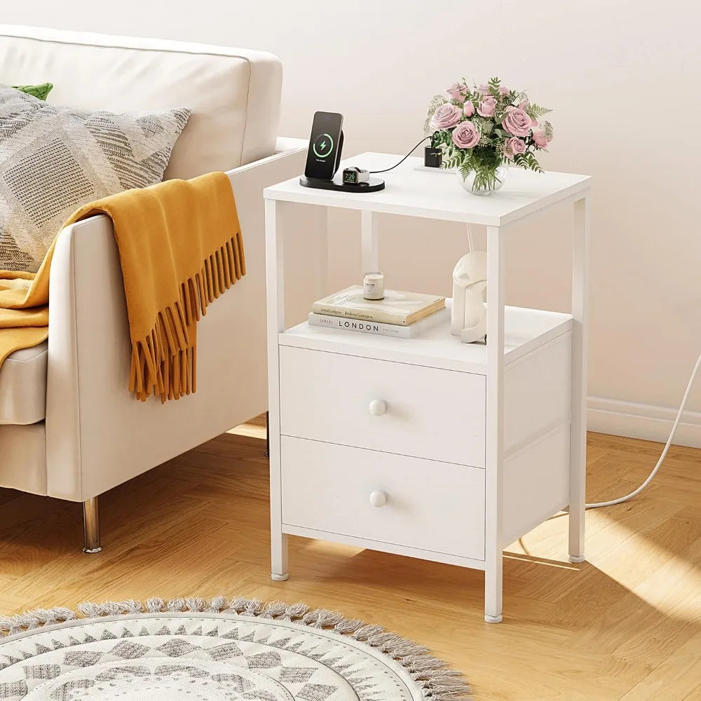 White Night Stand with Charging Station and USB
