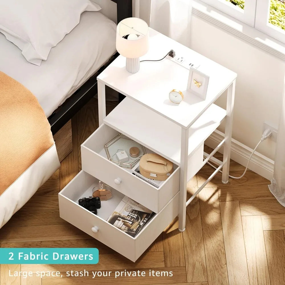 White Night Stand with Charging Station and USB