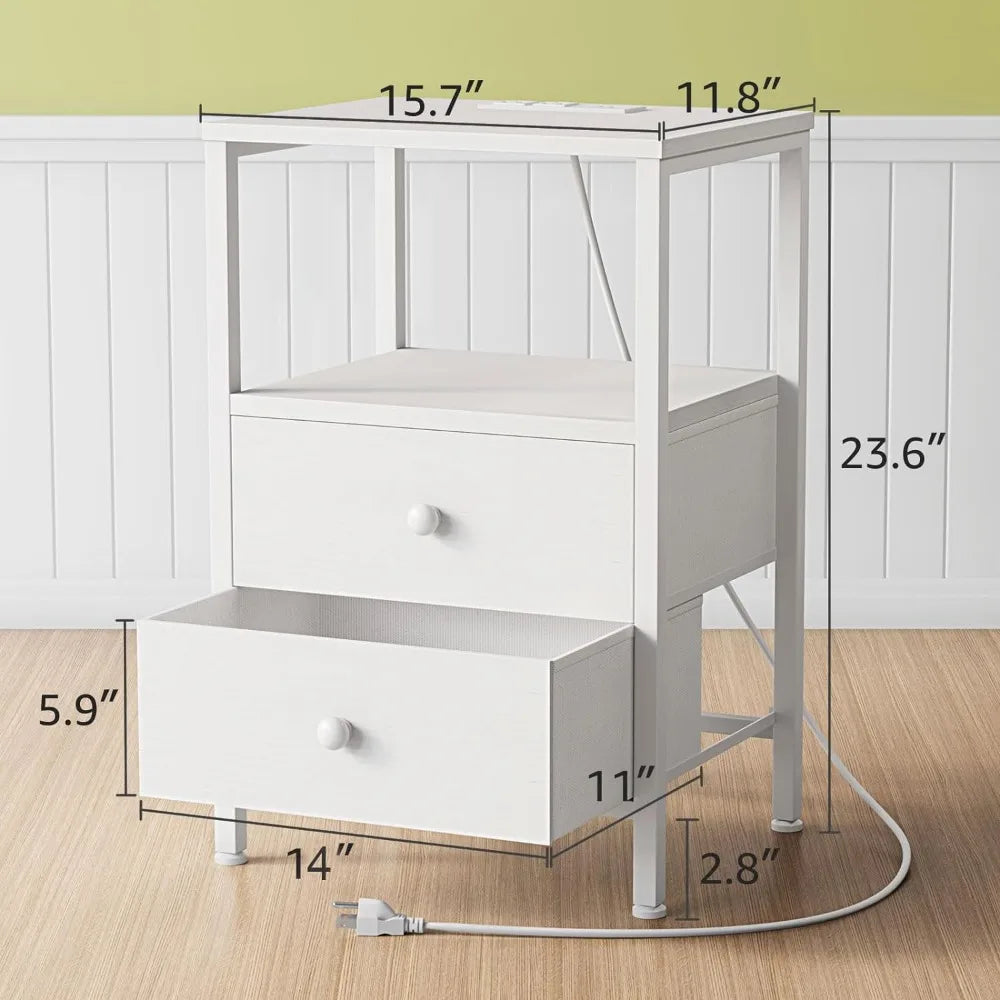 White Night Stand with Charging Station and USB