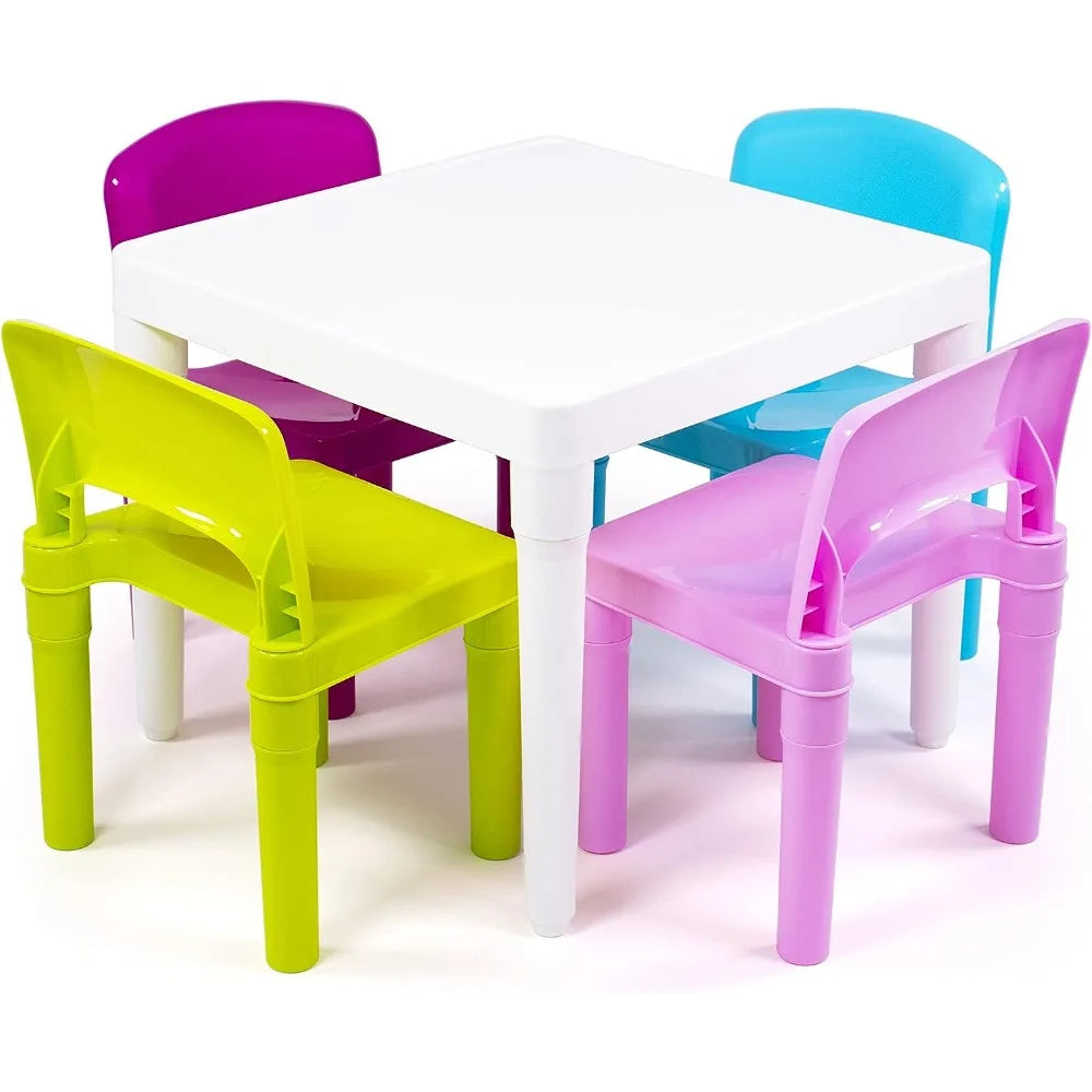White Table/Pastel Chairs Kids Plastic 4 Set, Children Desk and Chair Set