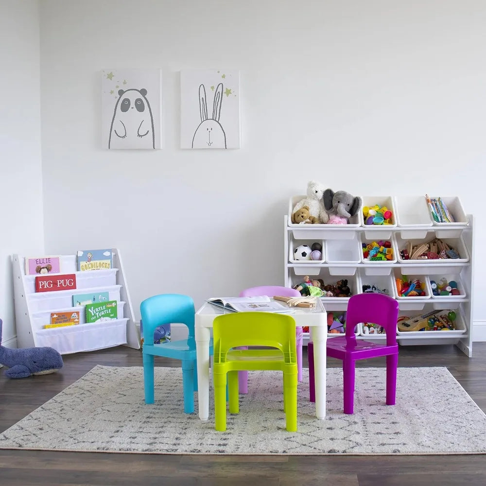 White Table/Pastel Chairs Kids Plastic 4 Set, Children Desk and Chair Set