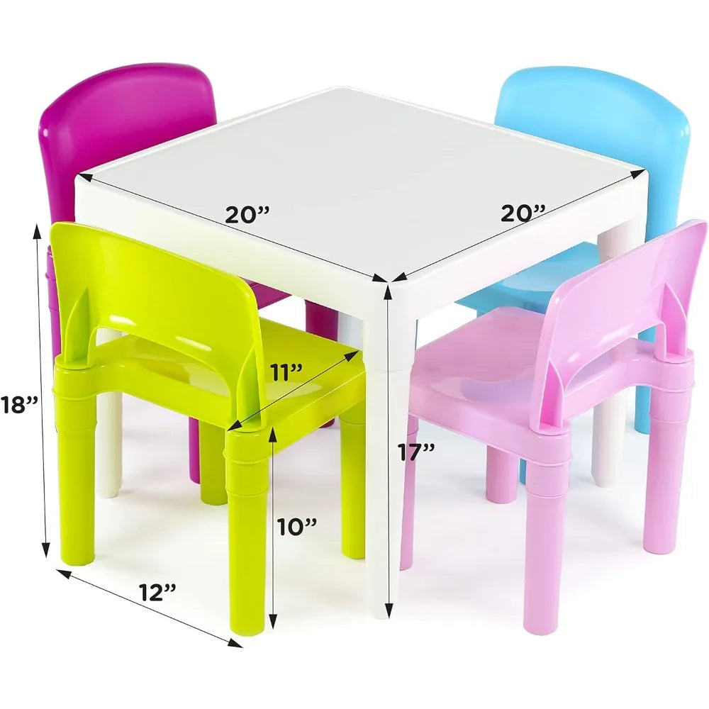 White Table/Pastel Chairs Kids Plastic 4 Set, Children Desk and Chair Set