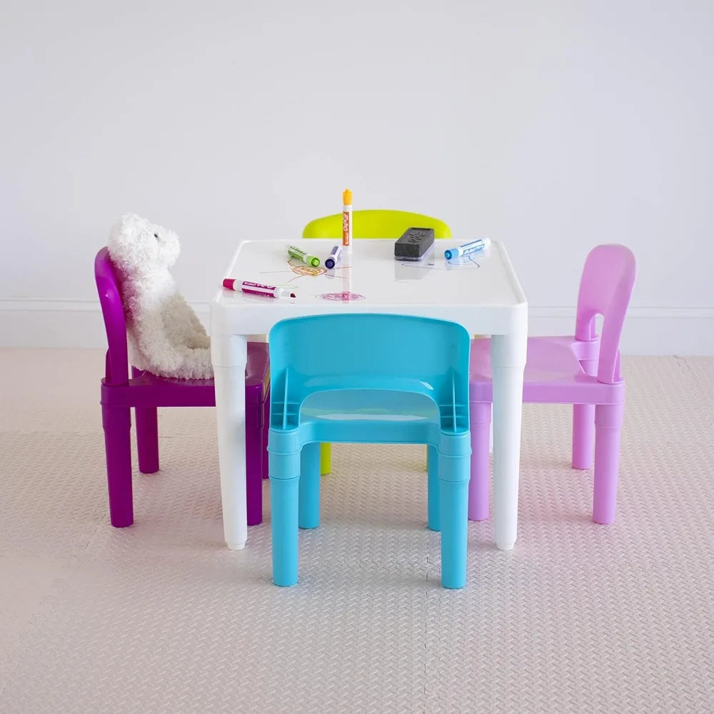 White Table/Pastel Chairs Kids Plastic 4 Set, Children Desk and Chair Set
