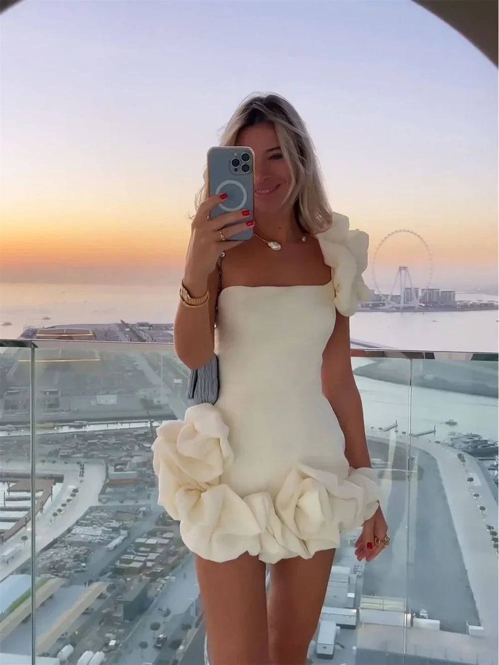 White Women Flower Edge Short Party Dress 2024