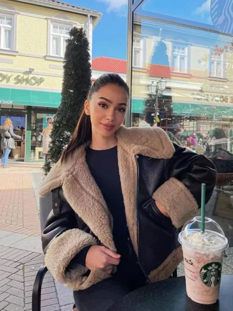 Winter Fur Integrated Lapel Women Jacket Long sleeve