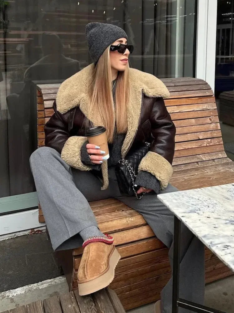 Winter Fur Integrated Lapel Women Jacket Long sleeve