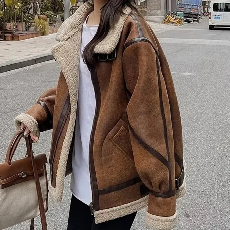 Winter Sheepskin Coat Faux Fur Suede Leather Women