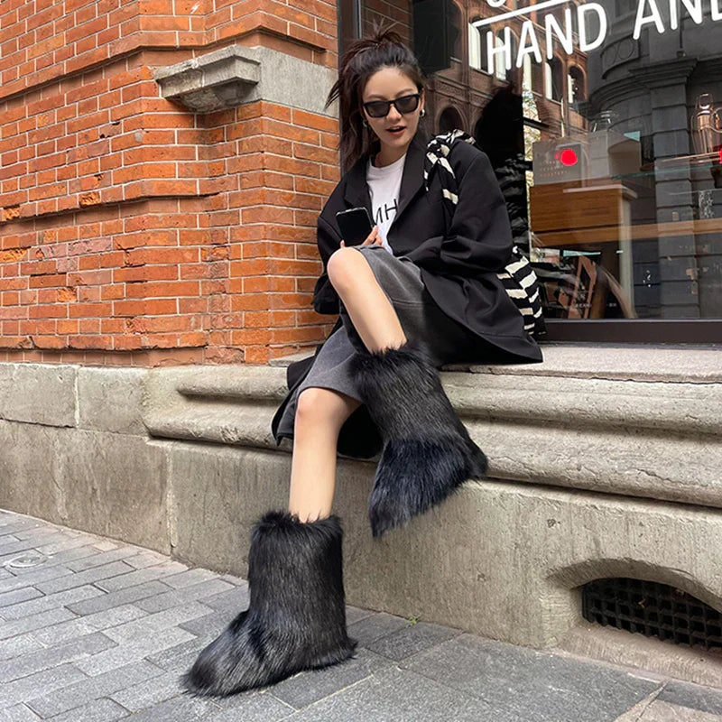 Winter Women Fluffy Faux Fox Fur Boots Woman