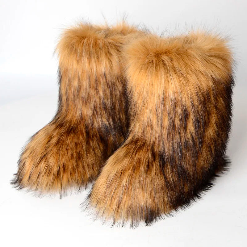Winter Women Fluffy Faux Fox Fur Boots Woman