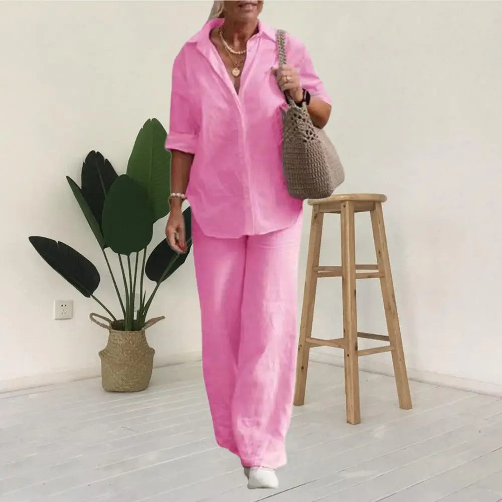 Women Autumn Linen Lapel Shirt Two Pieces Set