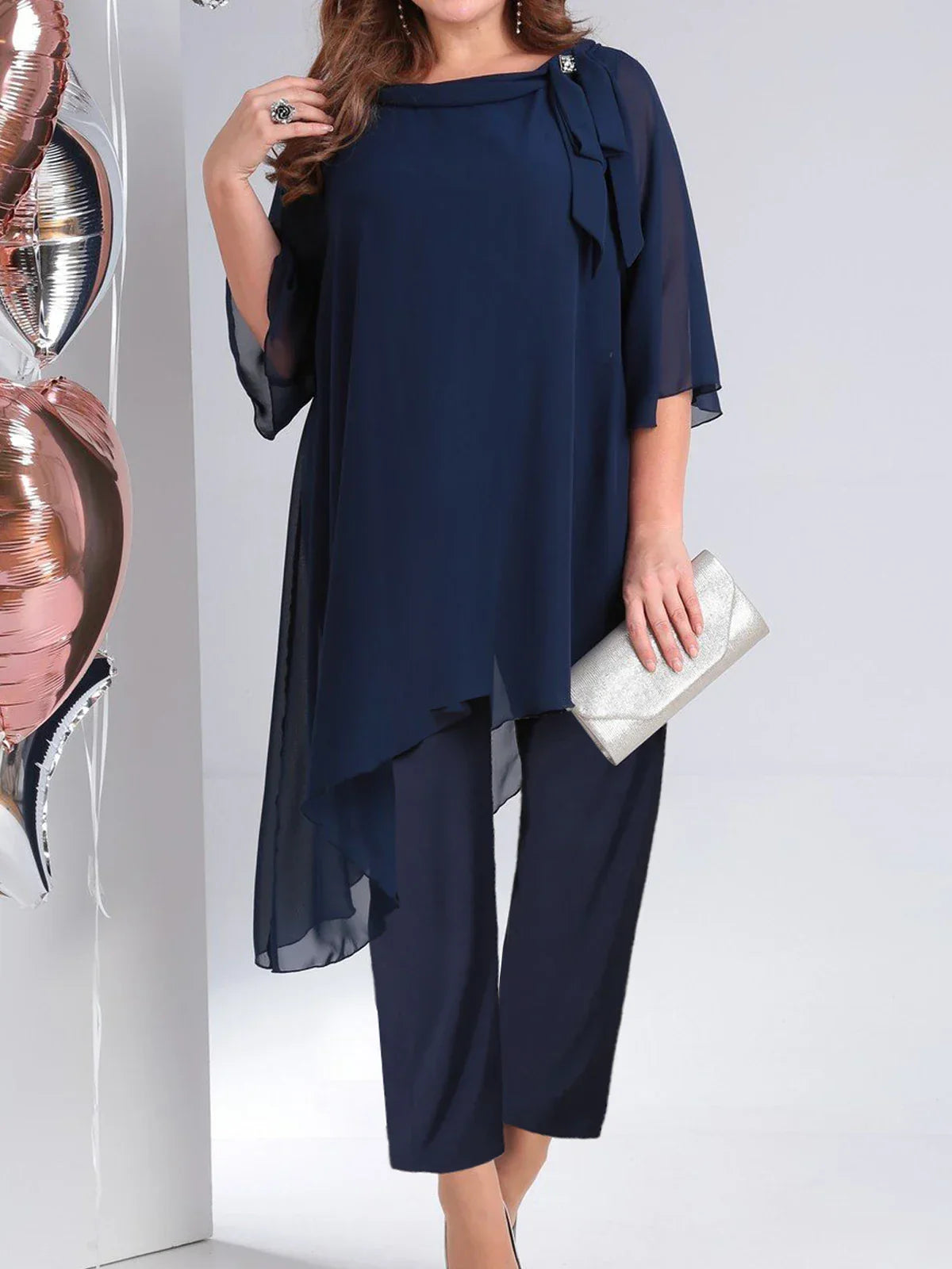 Women Chiffon Plus Size Two Piece Set Asymmetric