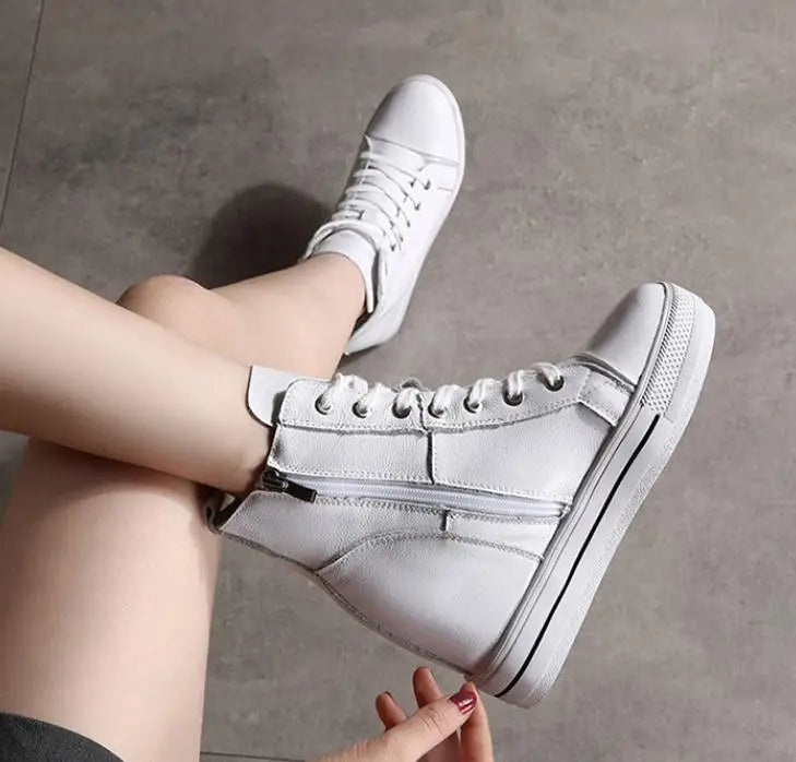 Women Genuine Leather 8cm Hidden Wedge Sneakers Platform Shoes High Heels Sneakers Woman Casual Shoes White Women Trainer