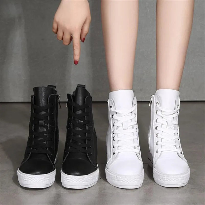 Women Genuine Leather 8cm Hidden Wedge Sneakers Platform Shoes High Heels Sneakers Woman Casual Shoes White Women Trainer