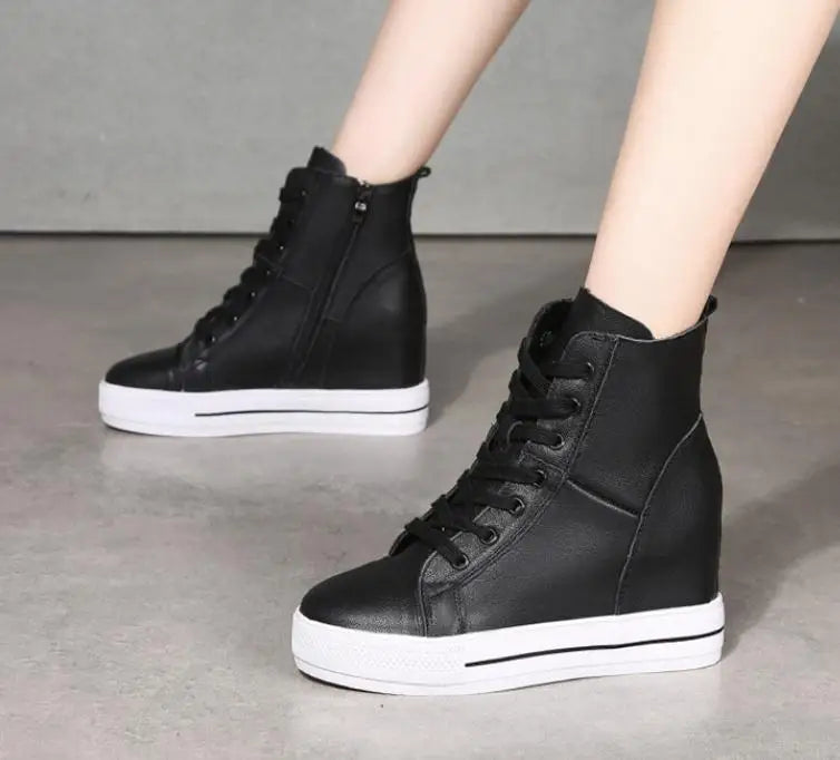 Women Genuine Leather 8cm Hidden Wedge Sneakers Platform Shoes High Heels Sneakers Woman Casual Shoes White Women Trainer