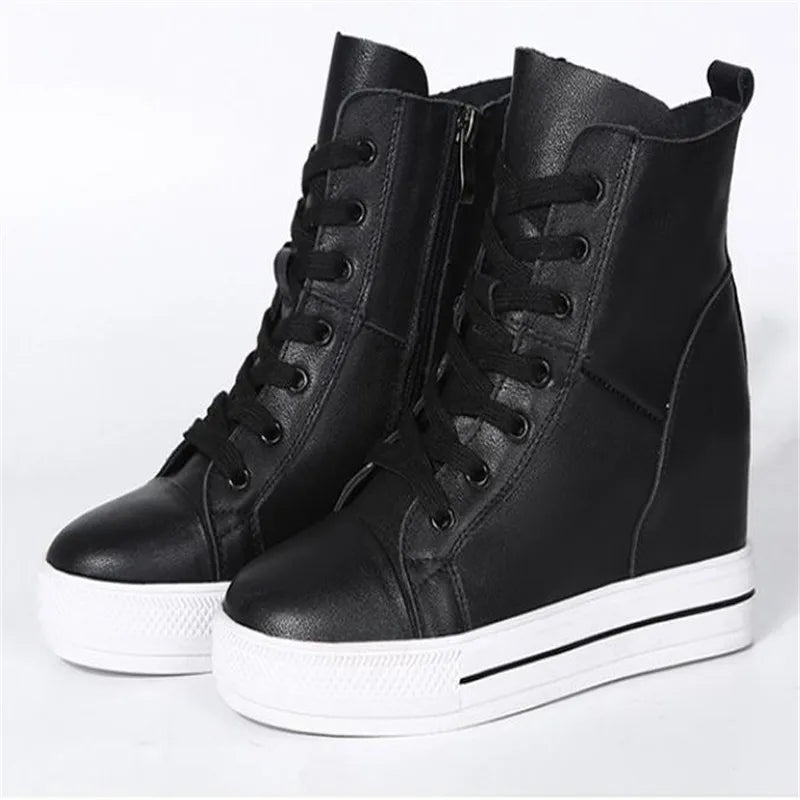 Women Genuine Leather 8cm Hidden Wedge Sneakers Platform Shoes High Heels Sneakers Woman Casual Shoes White Women Trainer