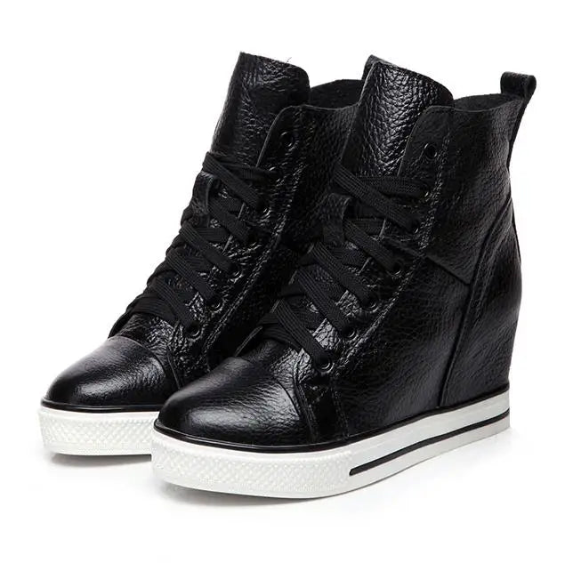 Women Genuine Leather 8cm Hidden Wedge Sneakers Platform Shoes High Heels Sneakers Woman Casual Shoes White Women Trainer