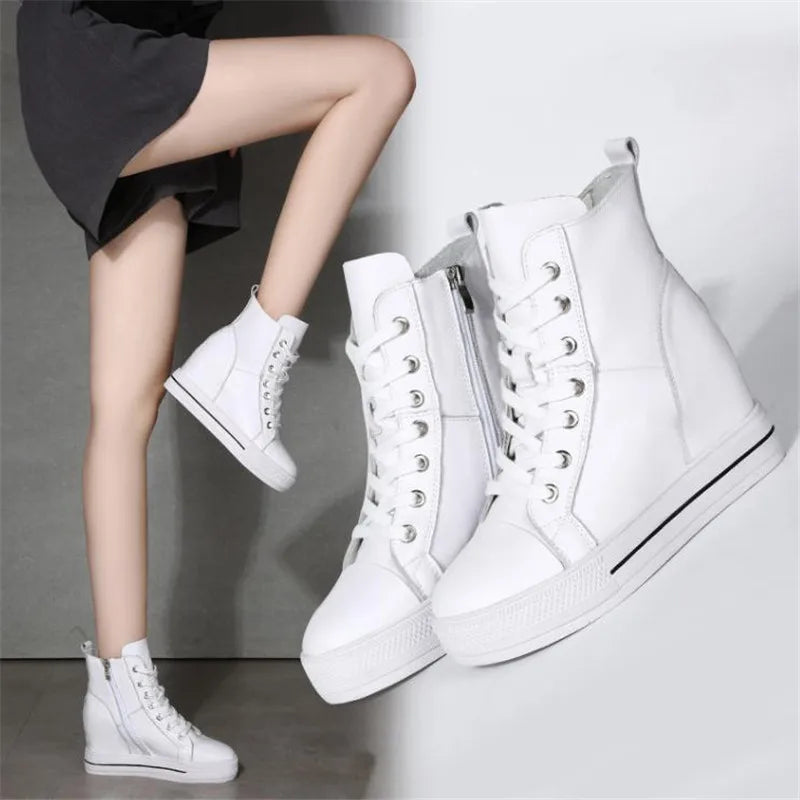 Women Genuine Leather 8cm Hidden Wedge Sneakers Platform Shoes High Heels Sneakers Woman Casual Shoes White Women Trainer