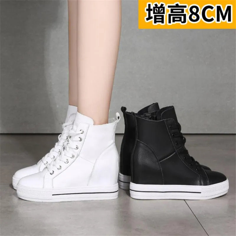 Women Genuine Leather 8cm Hidden Wedge Sneakers Platform Shoes High Heels Sneakers Woman Casual Shoes White Women Trainer