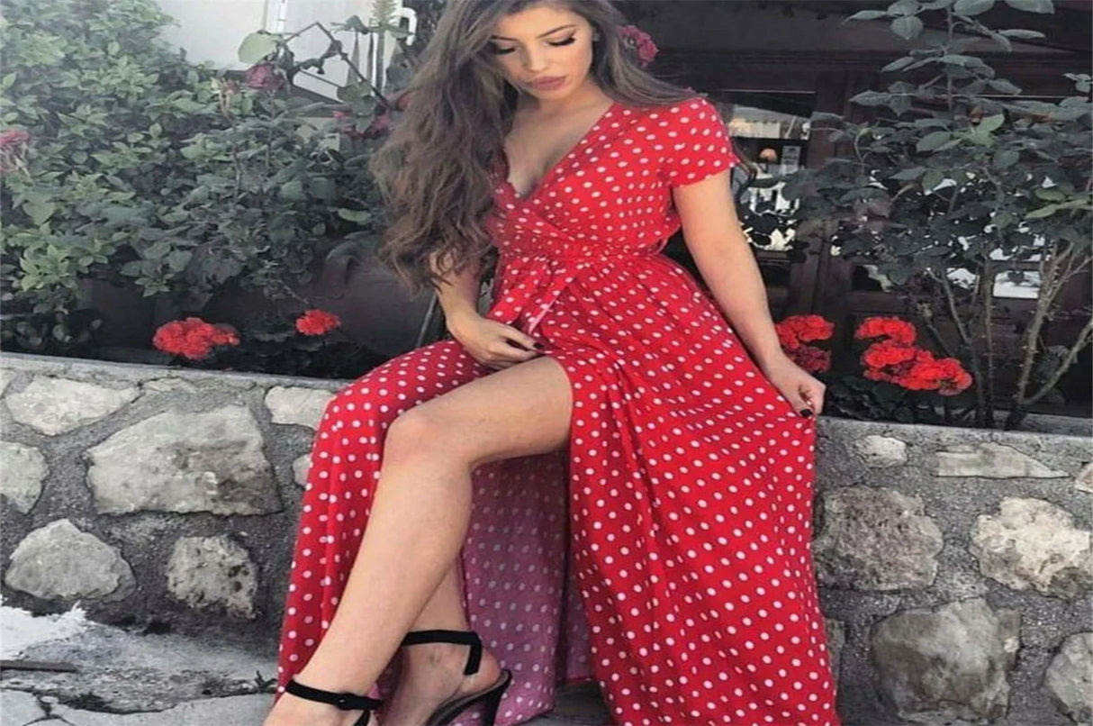 Women Long Plus Size Split Dress Polka dot