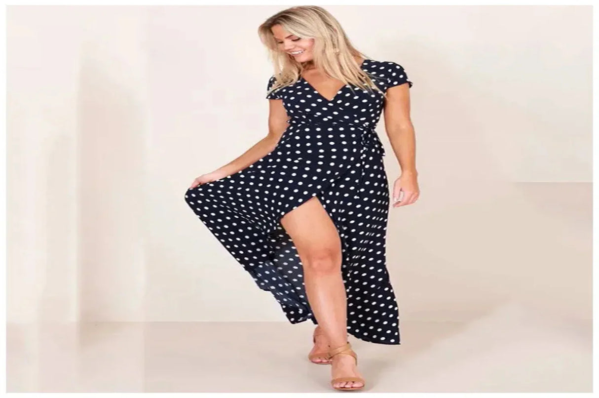 Women Long Plus Size Split Dress Polka dot