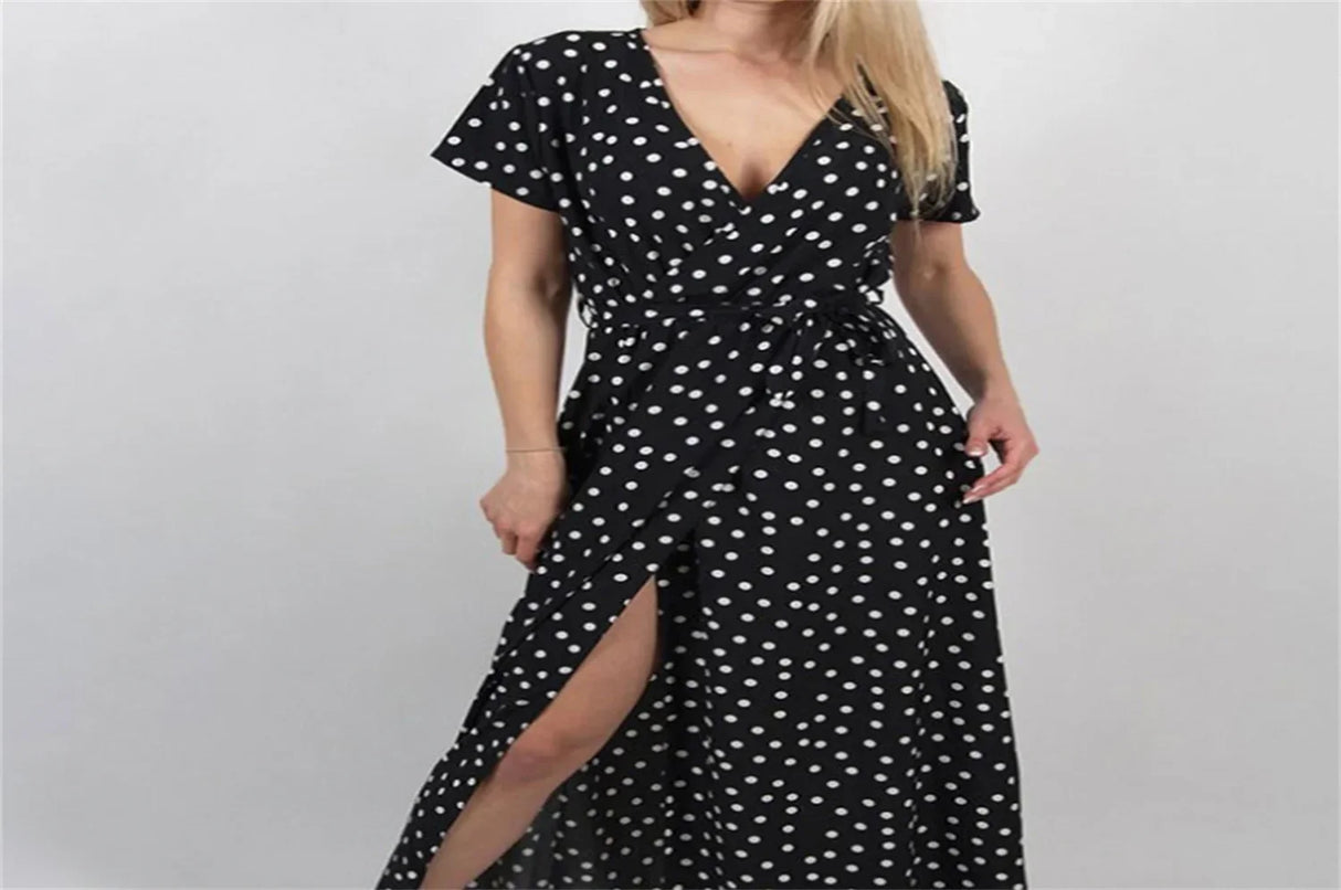 Women Long Plus Size Split Dress Polka dot