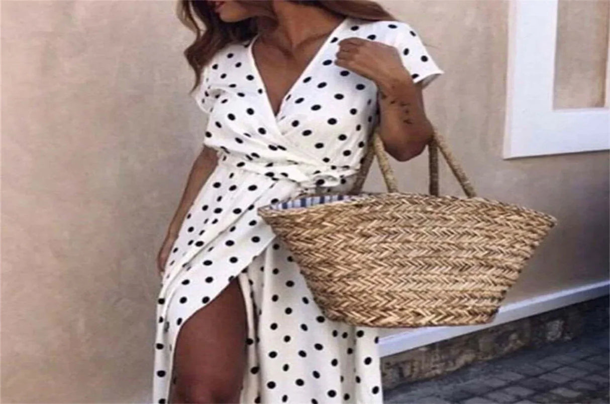 Women Long Plus Size Split Dress Polka dot