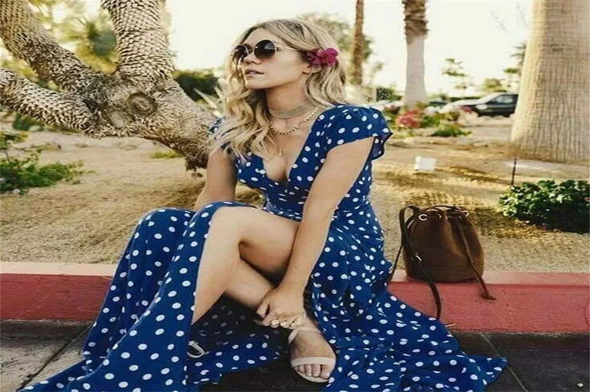 Women Long Plus Size Split Dress Polka dot