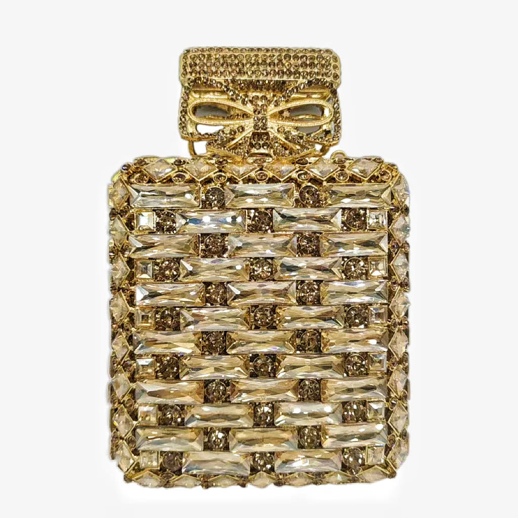 Women Perfume Bottle Gold/Orange Crystals Clutch Purse Evening
