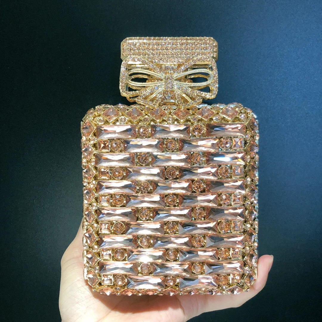 Women Perfume Bottle Gold/Orange Crystals Clutch Purse Evening