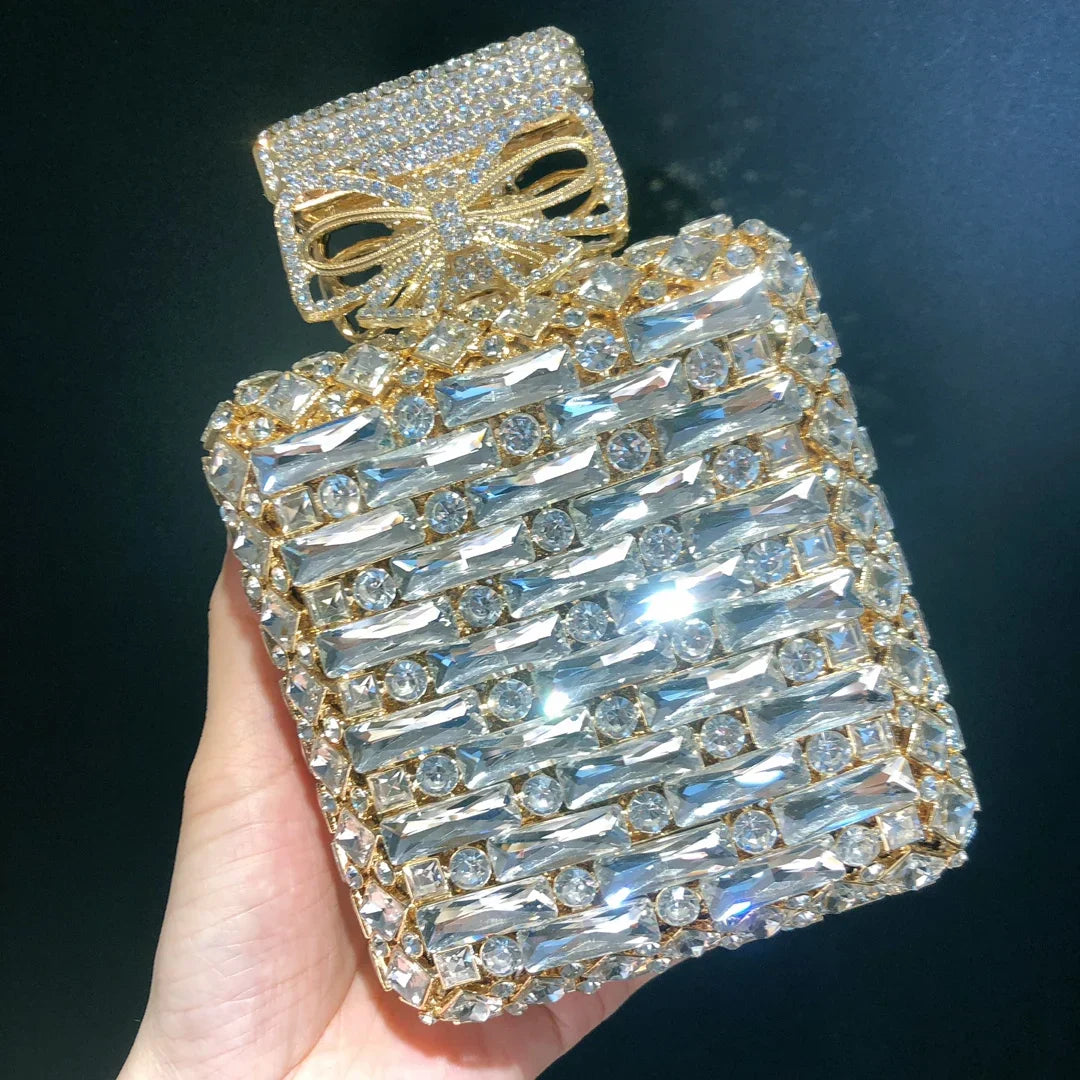 Women Perfume Bottle Gold/Orange Crystals Clutch Purse Evening
