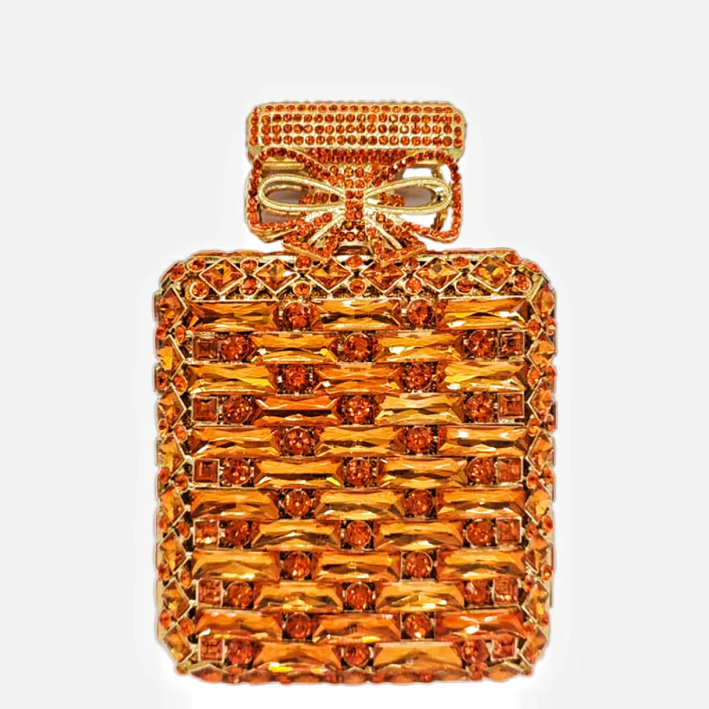 Women Perfume Bottle Gold/Orange Crystals Clutch Purse Evening