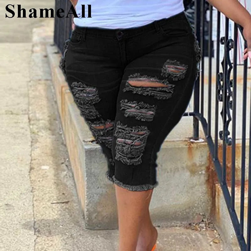 Women Plus Size Street Fringe Ripped Stretch Skinny