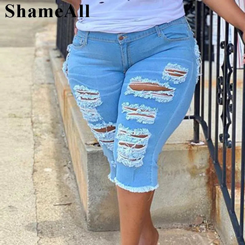 Women Plus Size Street Fringe Ripped Stretch Skinny