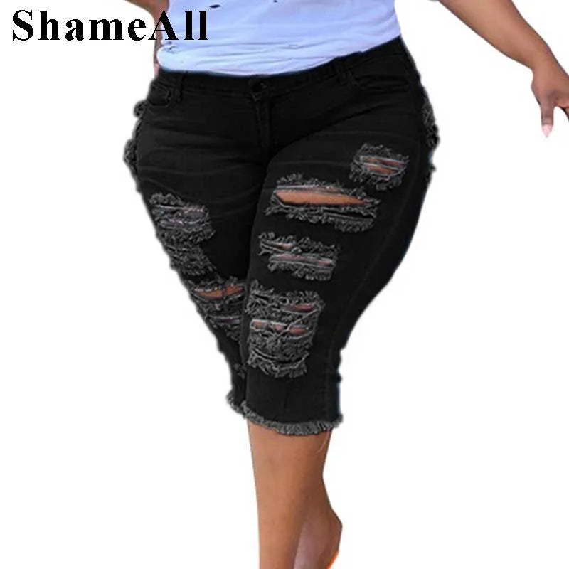 Women Plus Size Street Fringe Ripped Stretch Skinny