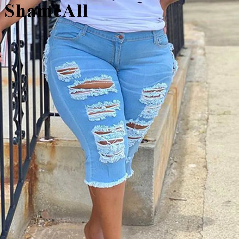 Women Plus Size Street Fringe Ripped Stretch Skinny