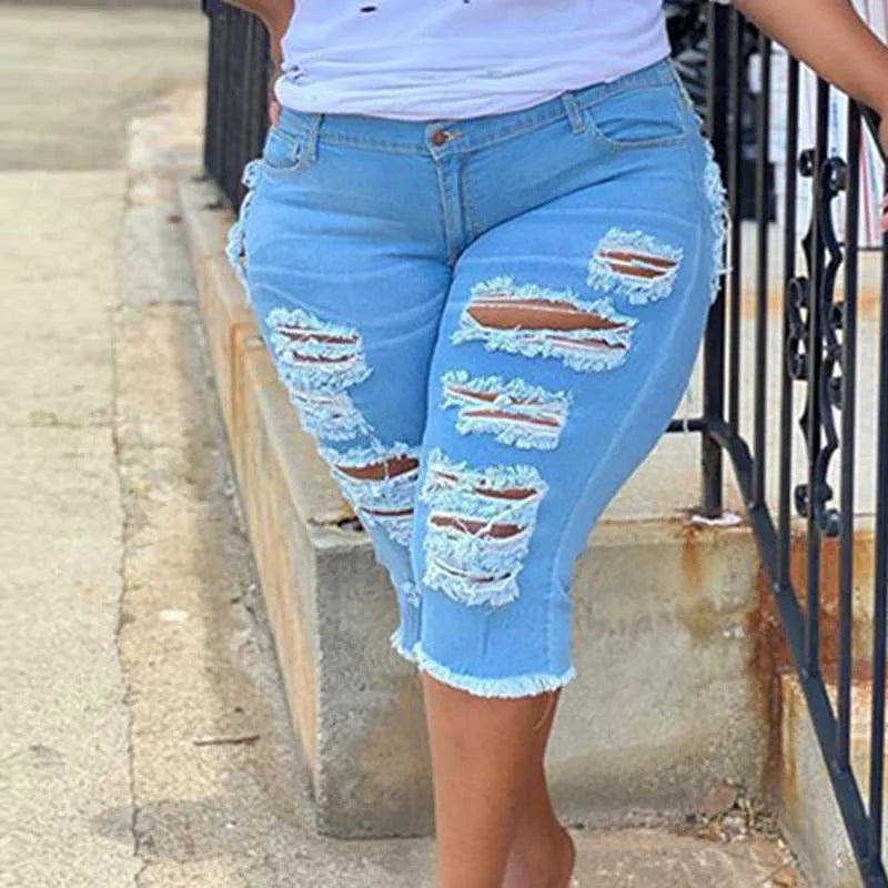 Women Plus Size Street Fringe Ripped Stretch Skinny