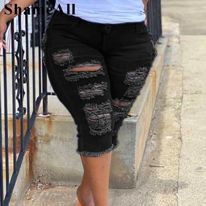 Women Plus Size Street Fringe Ripped Stretch Skinny