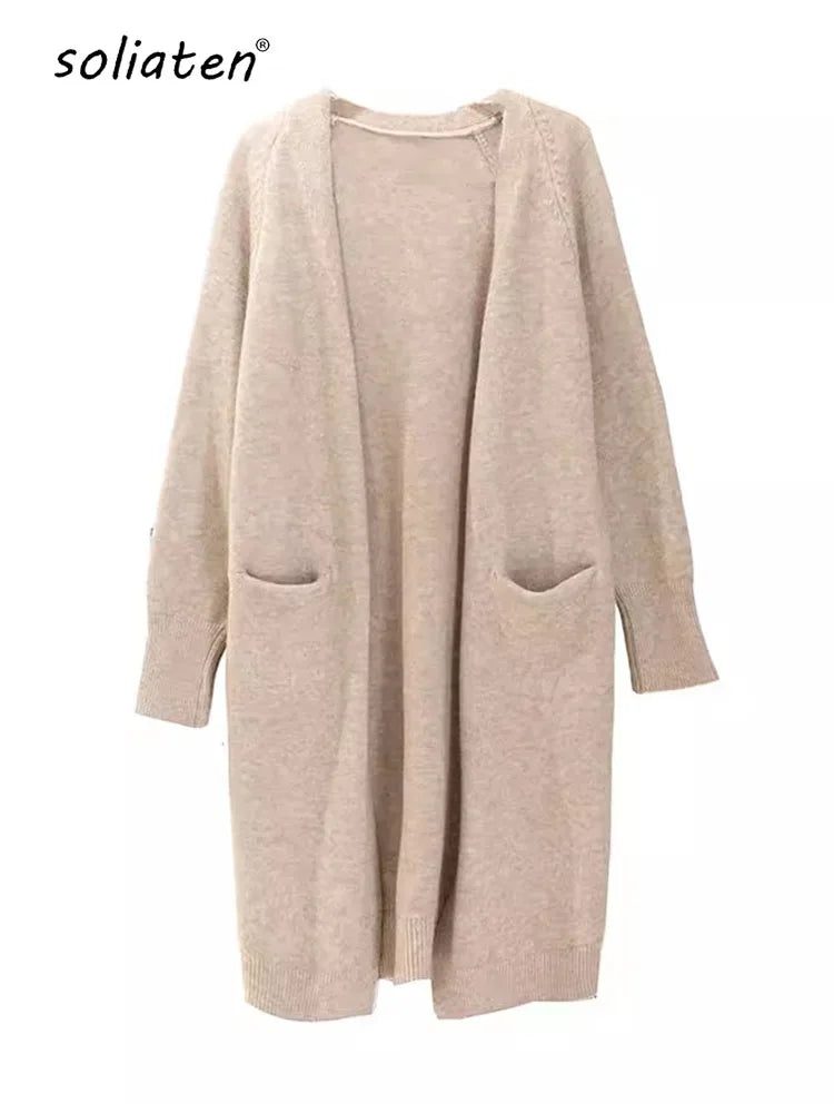 Women Solid Color Loose Thick Warm Sweater Cardigan