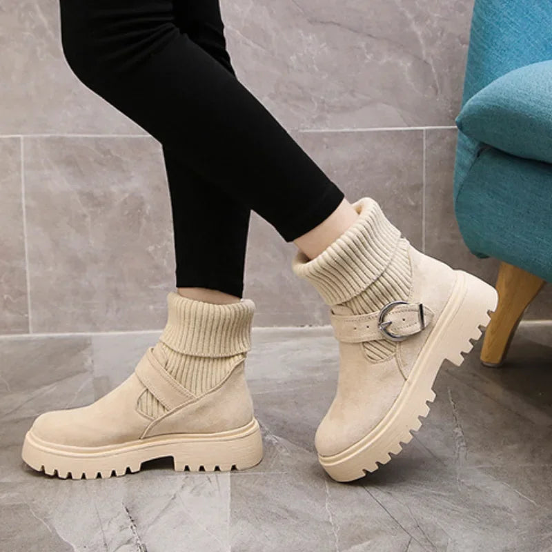 Women Warm Snow Boots Suede Knitting Stretch Ladies